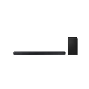 Voorkant van de Samsung HW‑Q700D‑XN 3.1.2 soundbar met Dolby Atmos en draadloze subwoofer in Titan Black.