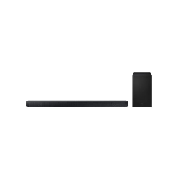 Voorkant van de Samsung HW‑Q700D‑XN 3.1.2 soundbar met Dolby Atmos en draadloze subwoofer in Titan Black.
