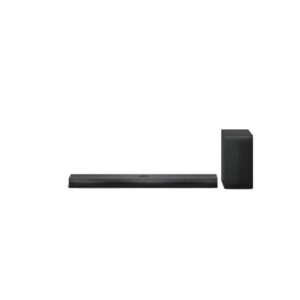 LG DS70TY 3.1.1 Dolby Atmos soundbar met draadloze subwoofer en achterluidsprekers in zwart.