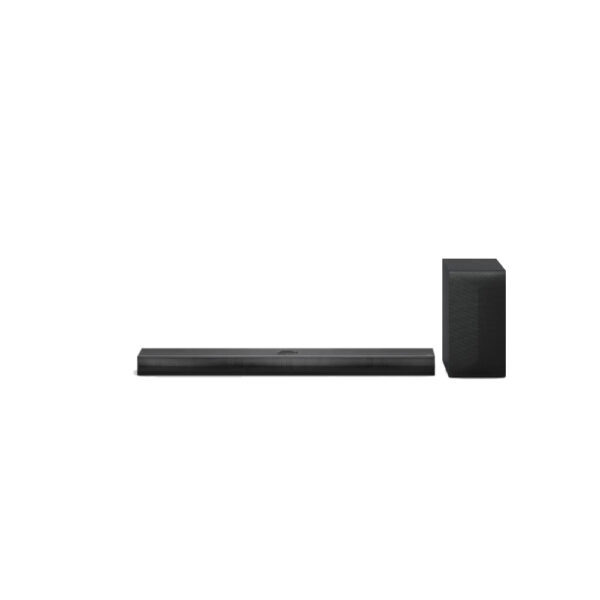 LG DS70TY 3.1.1 Dolby Atmos soundbar met draadloze subwoofer en achterluidsprekers in zwart.