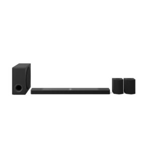 LG DS95TR 9.1.5 Dolby Atmos soundbar met draadloze subwoofer en achterluidsprekers in zwart.