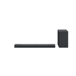 Voorkant van de LG DSC9S 3.1.3 OLED Soundbar met draadloze subwoofer en omhooggerichte Atmos-speakers.