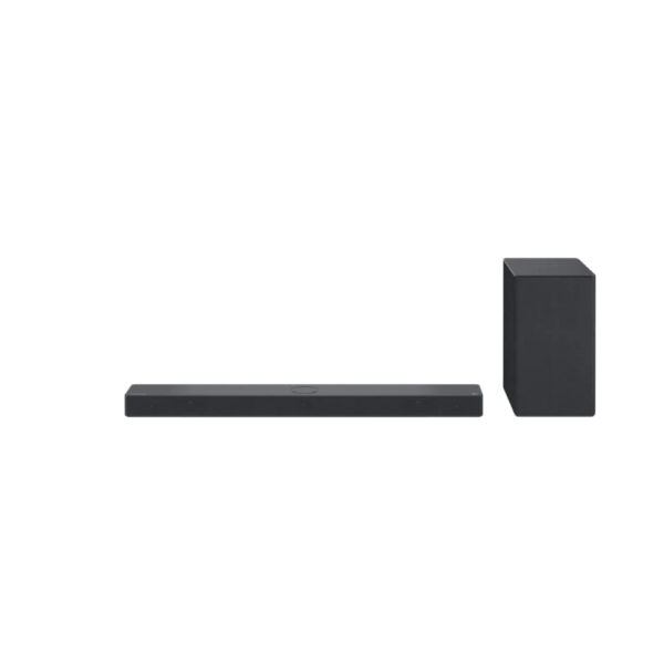 Voorkant van de LG DSC9S 3.1.3 OLED Soundbar met draadloze subwoofer en omhooggerichte Atmos-speakers.