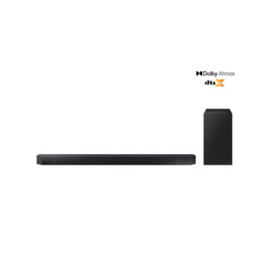 Vooraanzicht van de Samsung HW‑Q600F‑XN 3.1.2 soundbar met draadloze subwoofer in zwart.