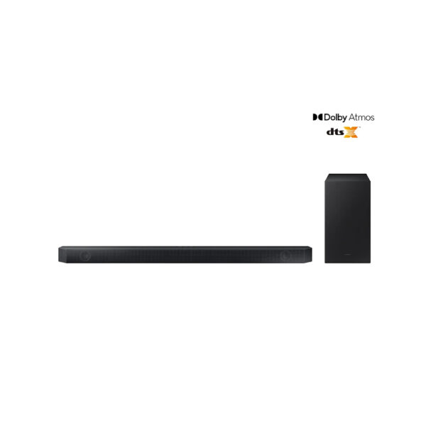 Vooraanzicht van de Samsung HW‑Q600F‑XN 3.1.2 soundbar met draadloze subwoofer in zwart.