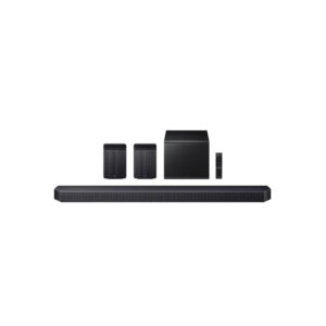 Vooraanzicht van de Samsung HW‑Q930F‑XN 9.1.4-kanaals soundbar met draadloze subwoofer in zwart.