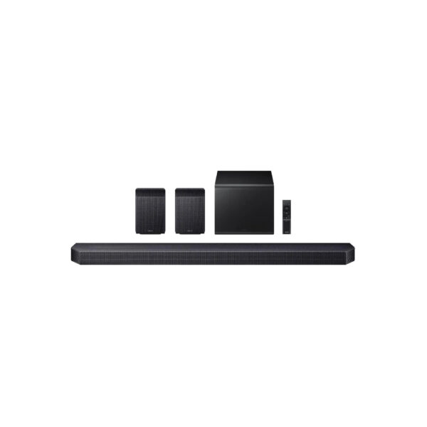 Vooraanzicht van de Samsung HW‑Q930F‑XN 9.1.4-kanaals soundbar met draadloze subwoofer in zwart.